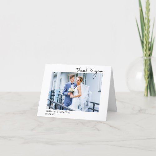 Modern Calligraphy Heart Wedding Photo Note Thank You Card