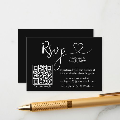 Modern Calligraphy Heart Wedding QR RSVP Black Enclosure Card