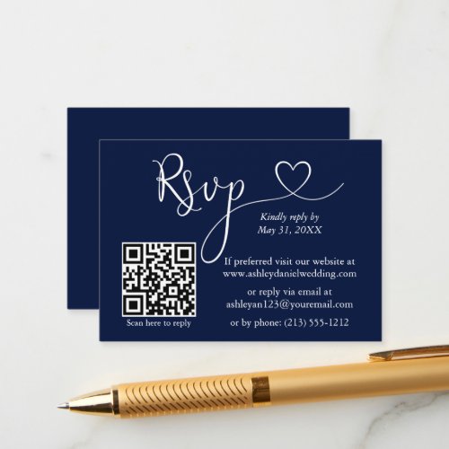 Modern Calligraphy Heart Wedding QR RSVP Blue Enclosure Card
