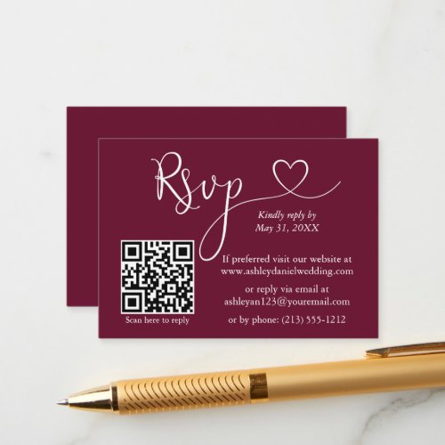 Modern Calligraphy Heart Wedding QR RSVP Burgundy Enclosure Card