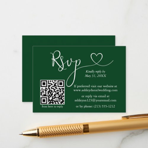 Modern Calligraphy Heart Wedding QR RSVP Green Enclosure Card