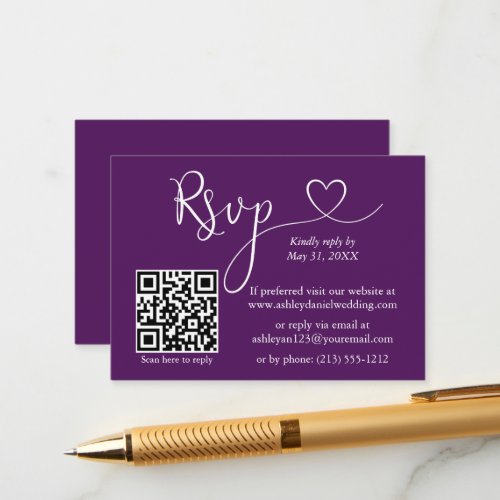 Modern Calligraphy Heart Wedding QR RSVP Purple Enclosure Card