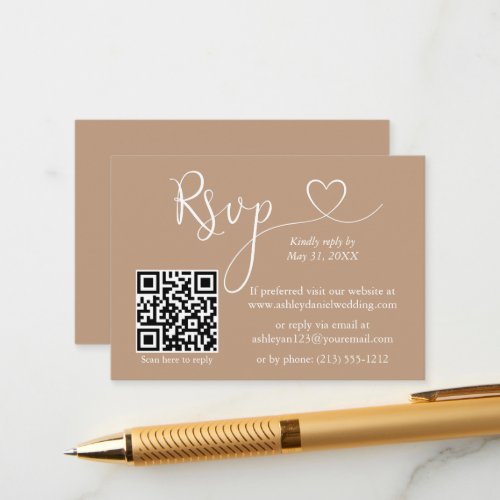 Modern Calligraphy Heart Wedding QR RSVP Taupe Enclosure Card
