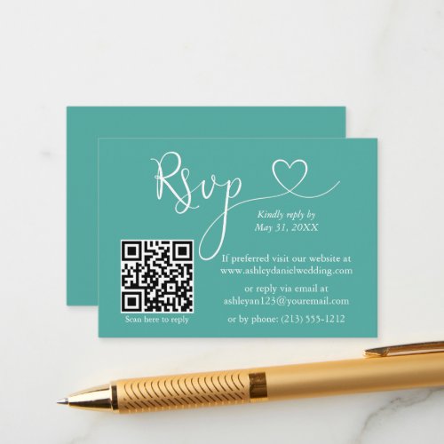 Modern Calligraphy Heart Wedding QR RSVP Teal Enclosure Card