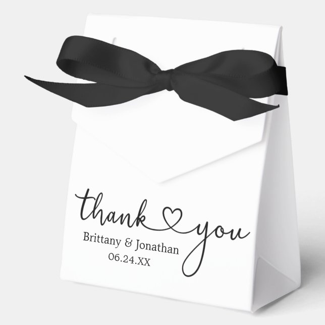 Modern Calligraphy Heart Wedding Thank You Bow Favor Boxes (Front)