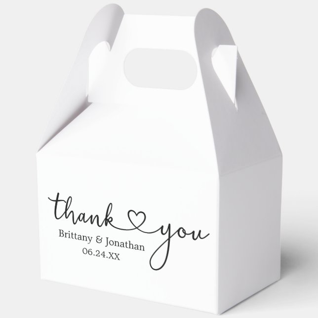 Modern Calligraphy Heart Wedding Thank You Gable Favor Boxes (Front)