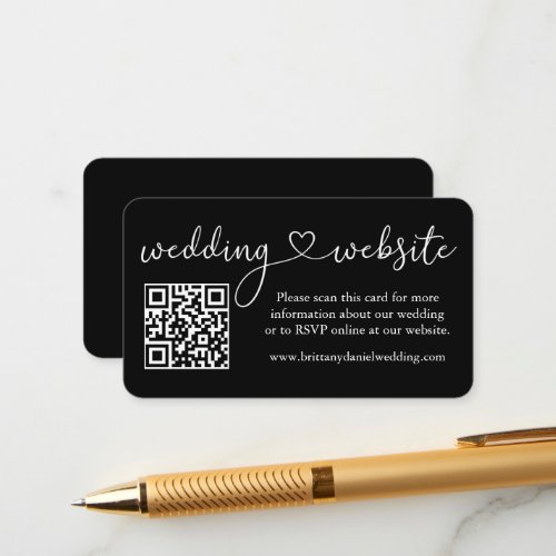 Modern Calligraphy Heart Wedding Website QR Black Enclosure Card