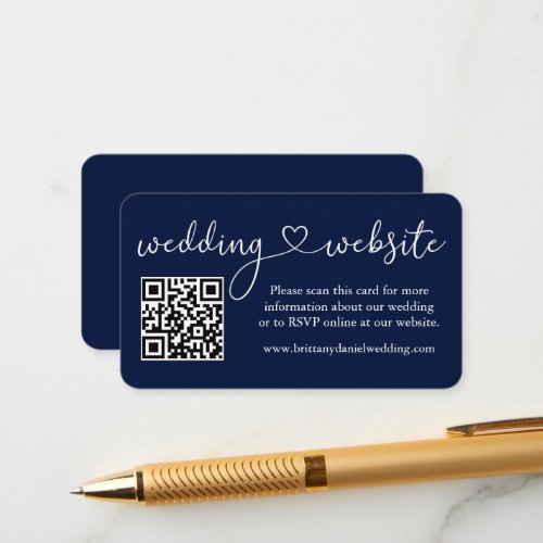 Modern Calligraphy Heart Wedding Website QR Blue Enclosure Card