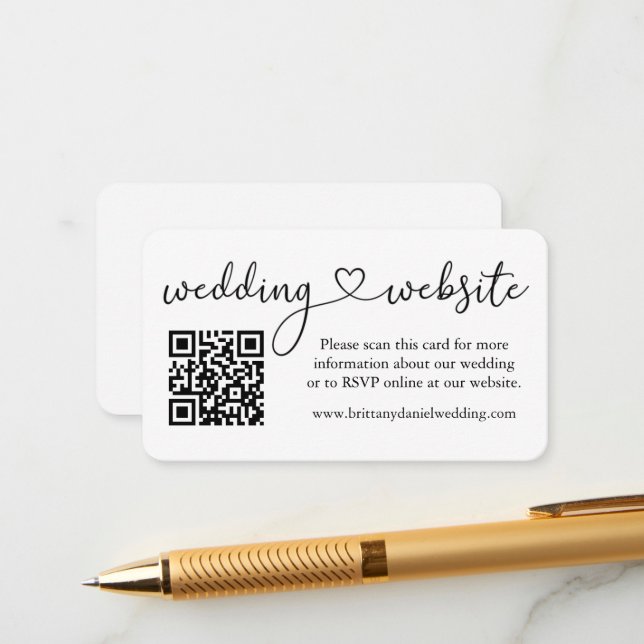 Modern Calligraphy Heart Wedding Website QR Enclosure Card (Front/Back In Situ)