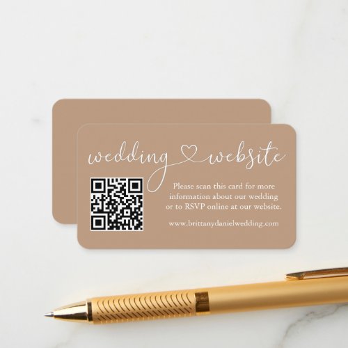 Modern Calligraphy Heart Wedding Website QR Taupe Enclosure Card