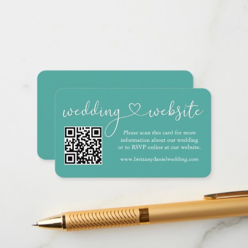 Modern Calligraphy Heart Wedding Website QR Teal Enclosure Card