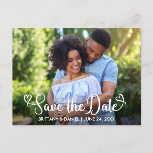 Modern Calligraphy Hearts Photo Save The Date  Postcard