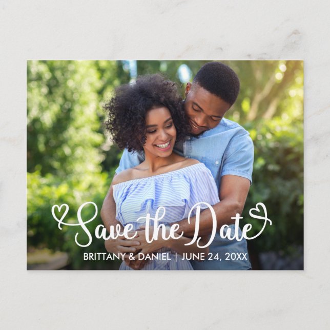 Modern Calligraphy Hearts Photo Save The Date  Postcard (Front)