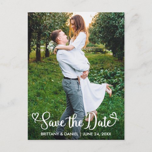 Modern Calligraphy Hearts Save The Date Photo Postcard