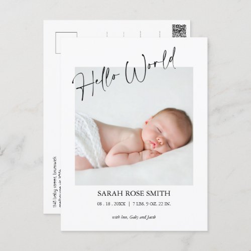 Modern Calligraphy Hello World Birth Announcement Postcard