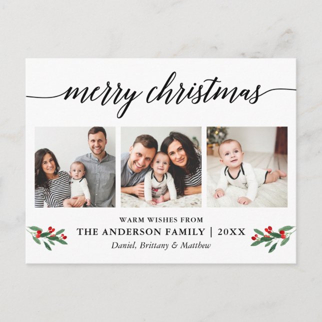 Modern Calligraphy Holly Christmas 3 Photo Postcard (Front)