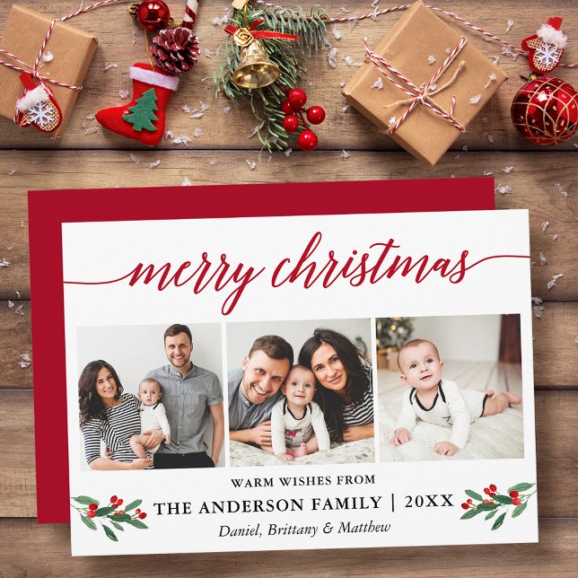 Modern Calligraphy Holly Christmas 3 Photo Red Holiday Card (Customize to add text to back or to change color of back of card.)