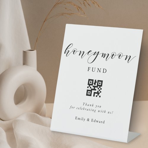 Modern Calligraphy Honeymoon Fund QR Code Wedding Pedestal Sign