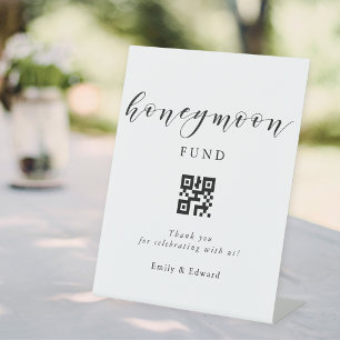 Modern Calligraphy Honeymoon Fund QR Code Wedding Pedestal Sign