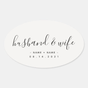 Modern Calligraphy Husband and Wife Wedding Oval Sticker