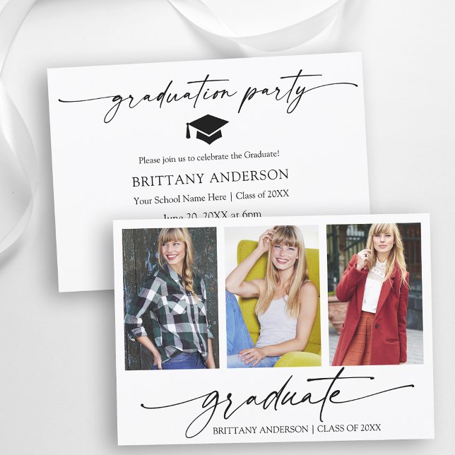 Modern Calligraphy Ink 3 Photo Graduation Party Invitation (Customize to change your personalized text size or text style.)