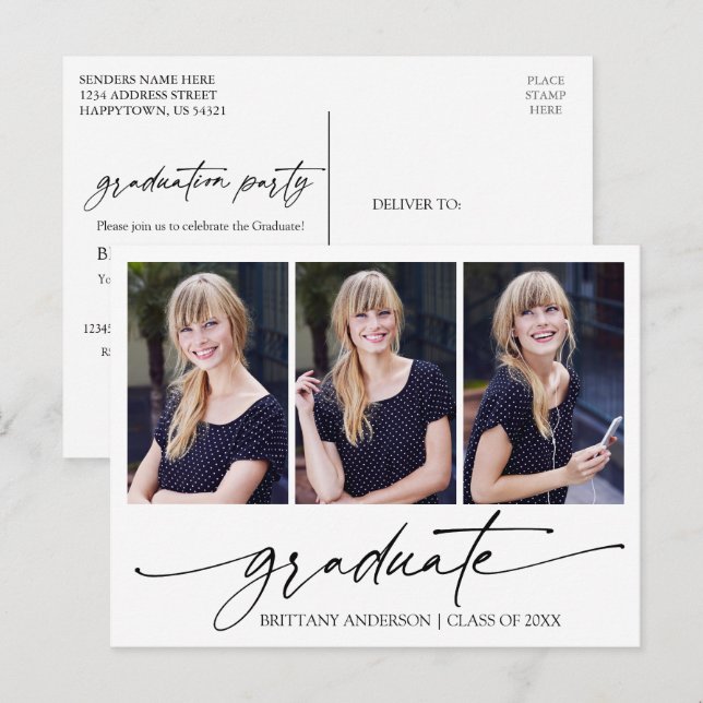 Modern Calligraphy Ink 3 Photo Graduation Party Postcard (Front/Back)