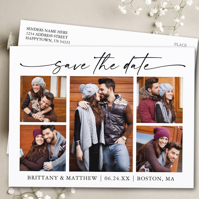 Modern Calligraphy Ink 5 Photos Save The Date Postcard (Customize to change your personalized text size or text style.)