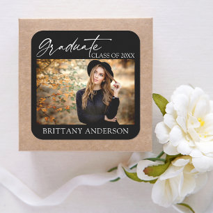 Modern Calligraphy Ink Graduate Photo Black Square Sticker