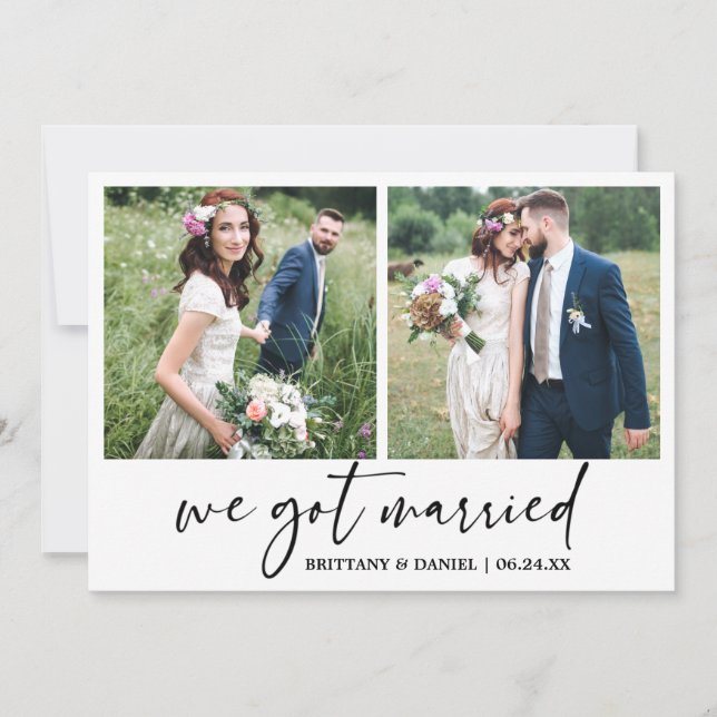 Modern Calligraphy Ink Pen 2 Photo Wedding Announcement (Front)