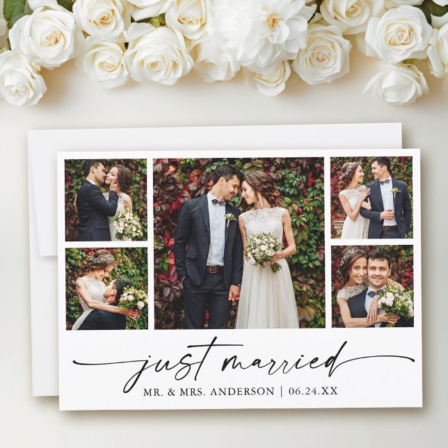 Modern Calligraphy Ink Pen 5 Photos Wedding Announcement (Customize to add text to back of card.)