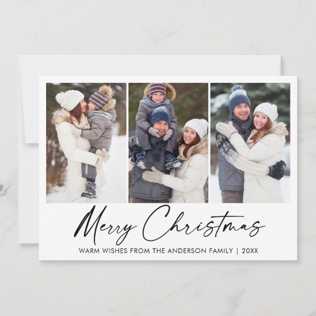 Modern Calligraphy Ink Pen Christmas 3 Photo Holiday Card (Front)