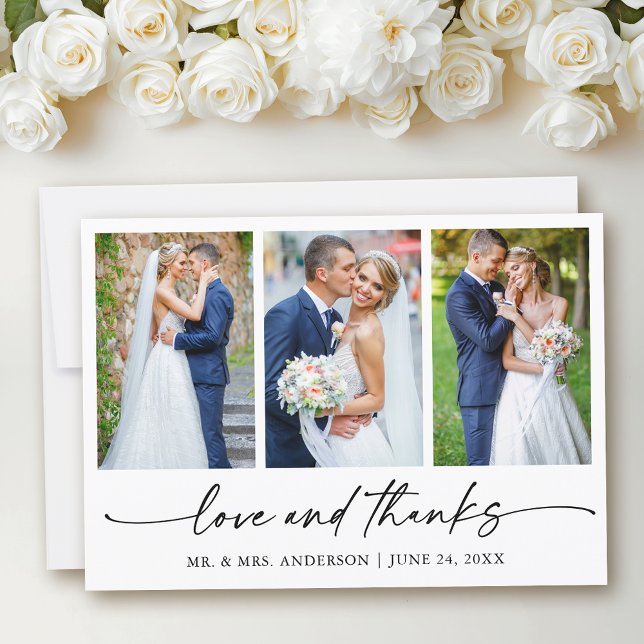 Modern Calligraphy Ink Pen Love Wedding 3 Photos Thank You Card (Customize to add text to back of card.)
