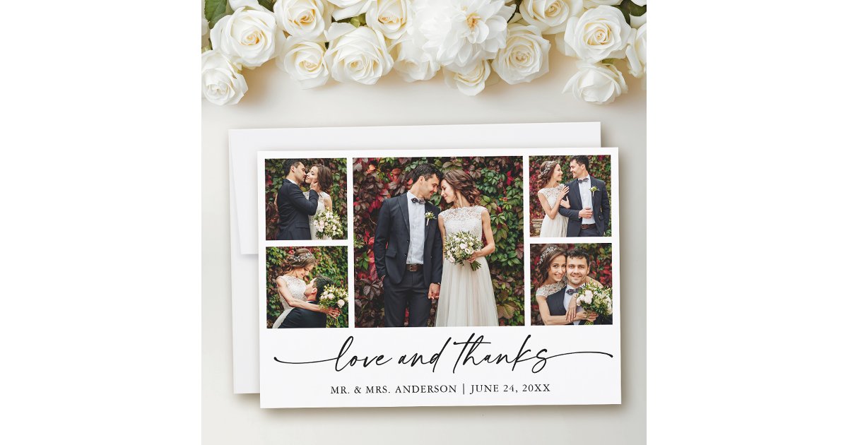 Modern Calligraphy Ink Pen Love Wedding 5 Photos Thank You Card | Zazzle