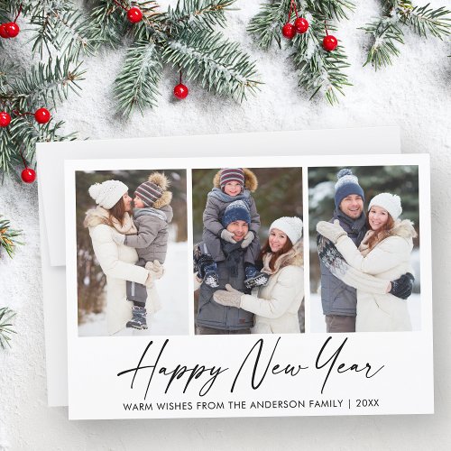 Modern Calligraphy Ink Pen New Year 3 Photo Holiday Card