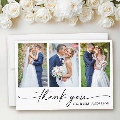 Modern Calligraphy Ink Pen Script 3 Photo Wedding Thank You Card