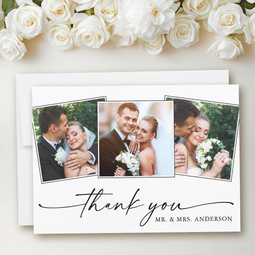 Modern Calligraphy Ink Pen Script 3 Photos Wedding Thank You Card