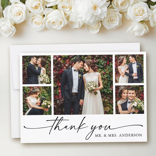 Modern Calligraphy Ink Pen Script 5 Photo Wedding Thank You Card