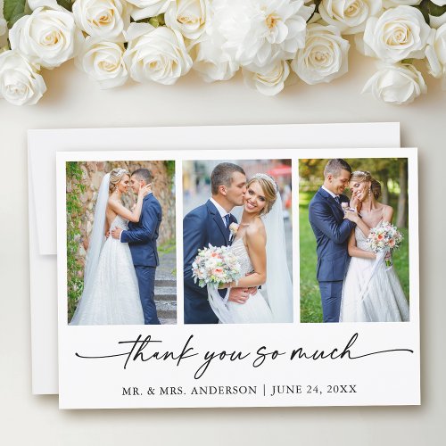 Modern Calligraphy Ink Pen Script Wedding 3 Photos Thank You Card