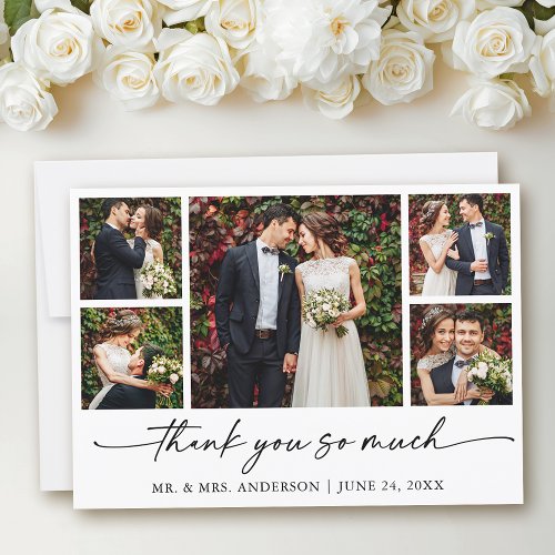 Modern Calligraphy Ink Pen Script Wedding 5 Photos Thank You Card