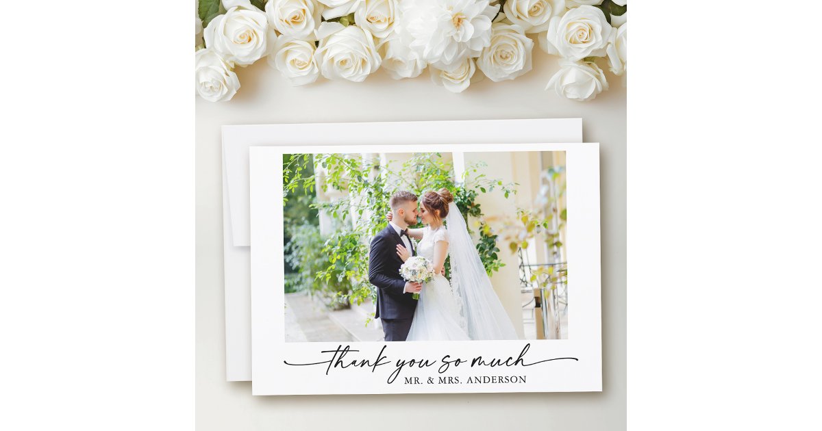Modern Calligraphy Ink Pen Script Wedding Photo Thank You Card | Zazzle