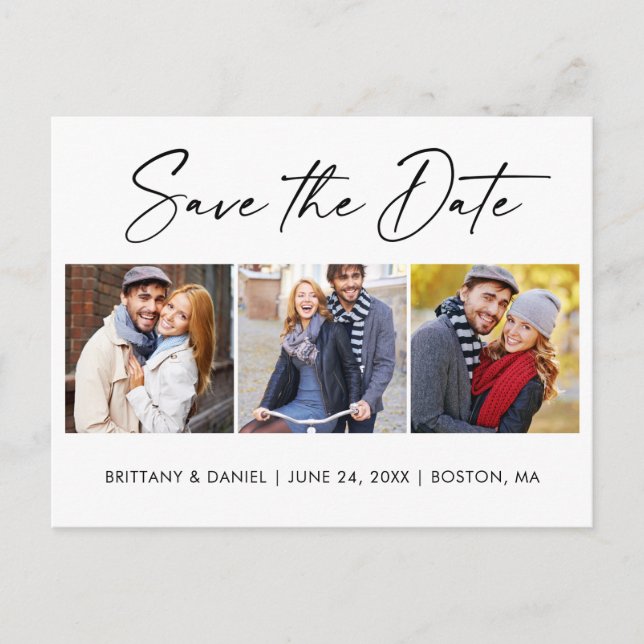Modern Calligraphy Ink Save The Date 3 Photo Postcard (Front)