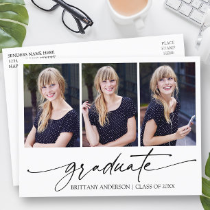 Modern Calligraphy Ink Script 3 Photo Graduation Postcard