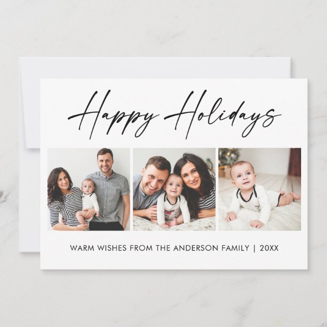 Modern Calligraphy Ink Script 3 Photo Holiday Card (Front)