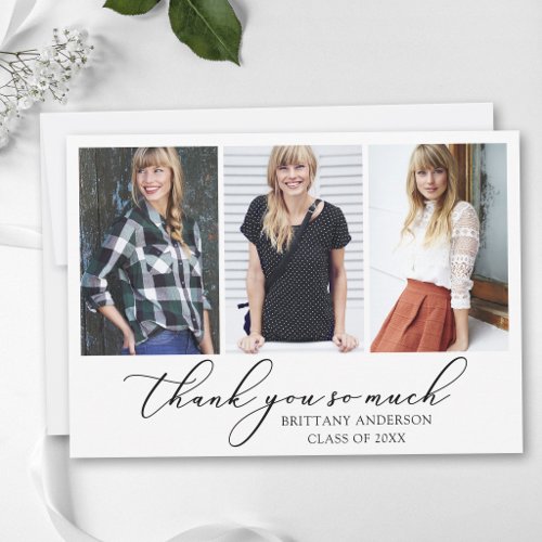 Modern Calligraphy Ink Script 3 Photos Graduation Thank You Card