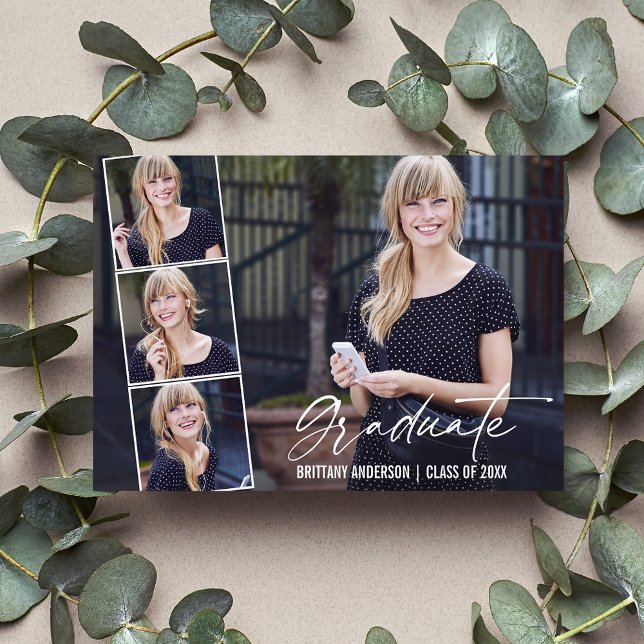 Modern Calligraphy Ink Script 4 Photo Graduation Announcement (Customize to add text or more photos to back of card.)