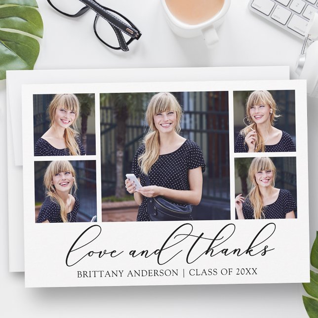 Modern Calligraphy Ink Script 5 Photo Graduation Thank You Card (Customize to add text or more photos to back of card.)
