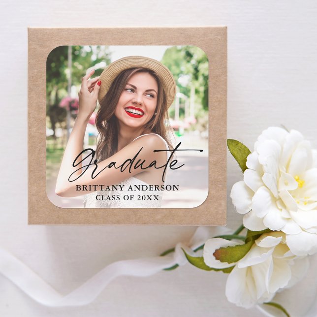 Modern Calligraphy Ink Script Graduate Photo Square Sticker (Customize to change your personalized text size or text style.)