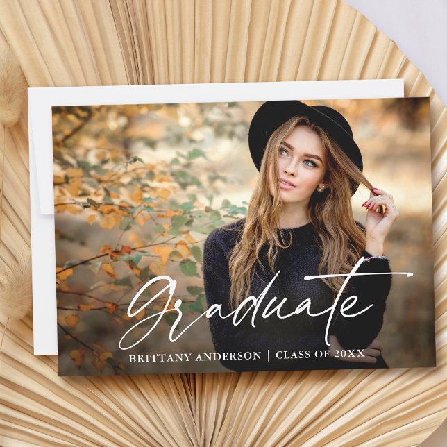 Modern Calligraphy Ink Script Photo Graduation Announcement (Customize to add text or more photos to back of card.)