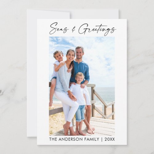Modern Calligraphy Ink Seas and Greetings Photo Holiday Card