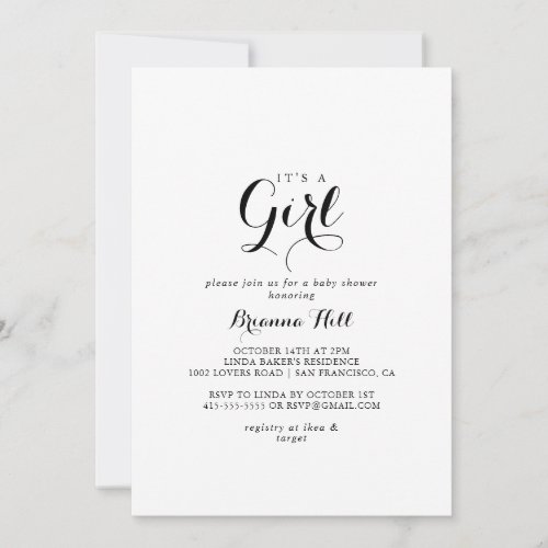 Modern Calligraphy Its A Girl Baby Shower Invitation